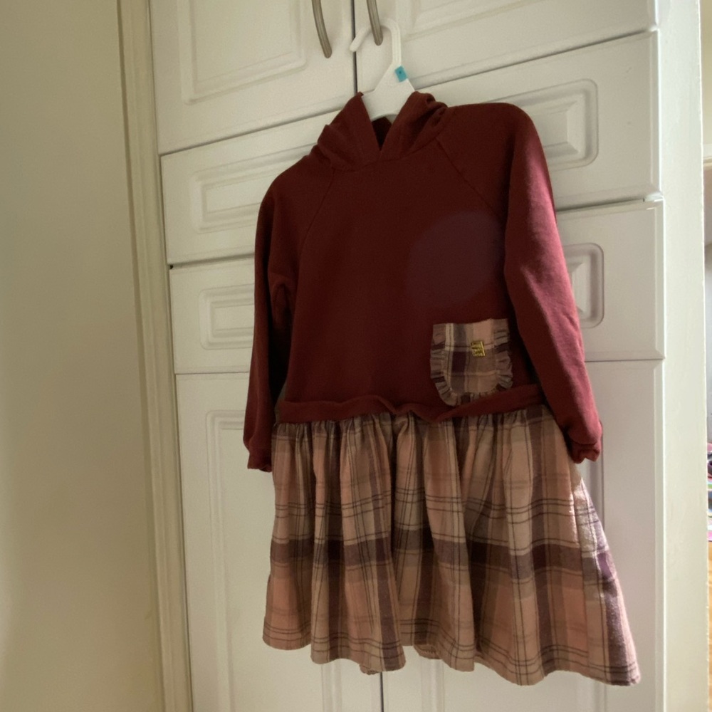 Deux par Deux Wine Color Dress with Plaid 5T